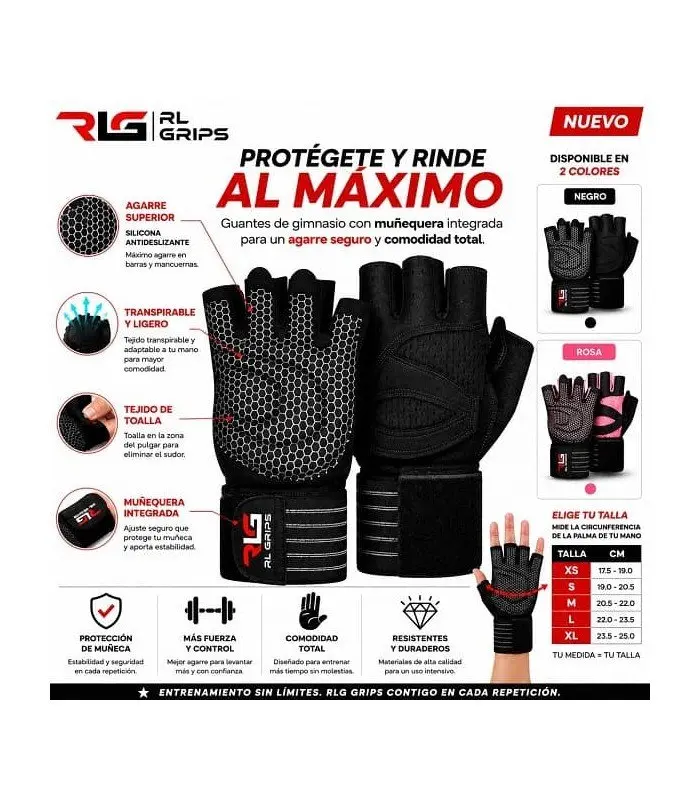 RL Grips Wristband Fitness Gloves – Guantes de Gimnasio con Muñequera